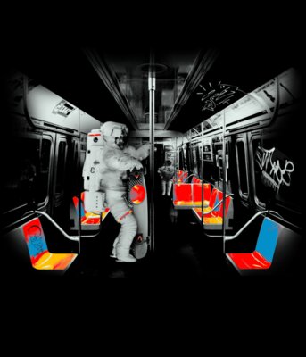 Skateboard Astronaut on train